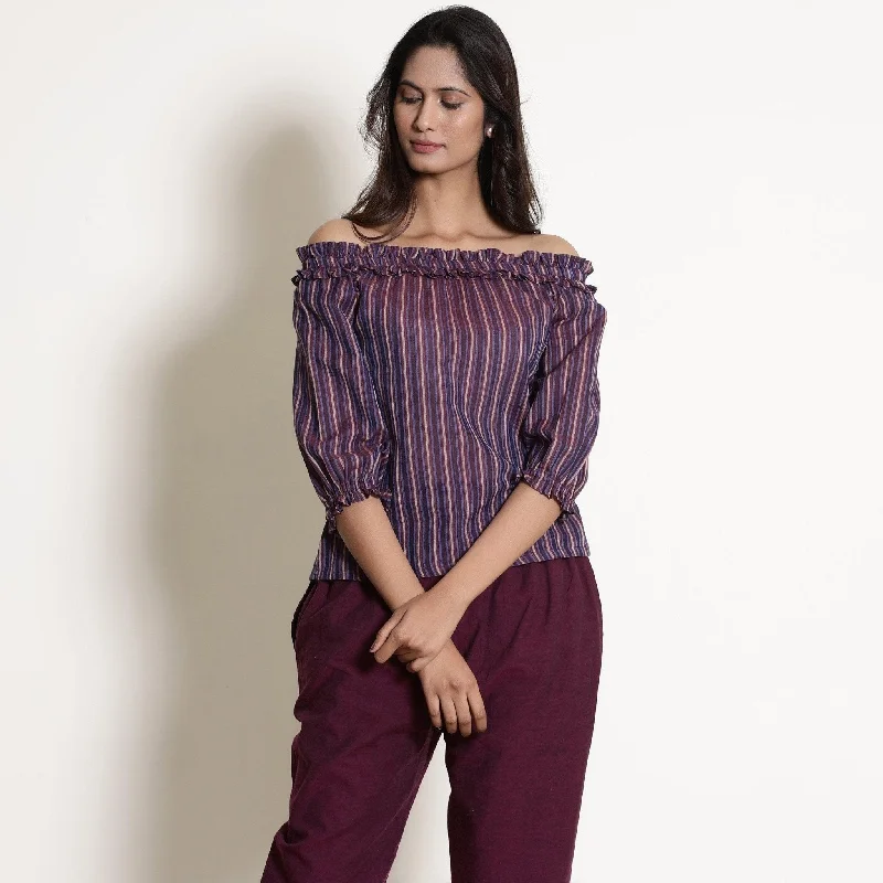 Berry Wine Striped Cotton Off-Shoulder Frilled Top