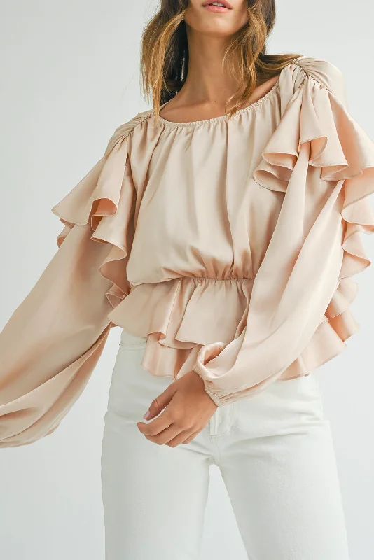 Oatmeal Elegant Satin Ruffle Peplum Blouse