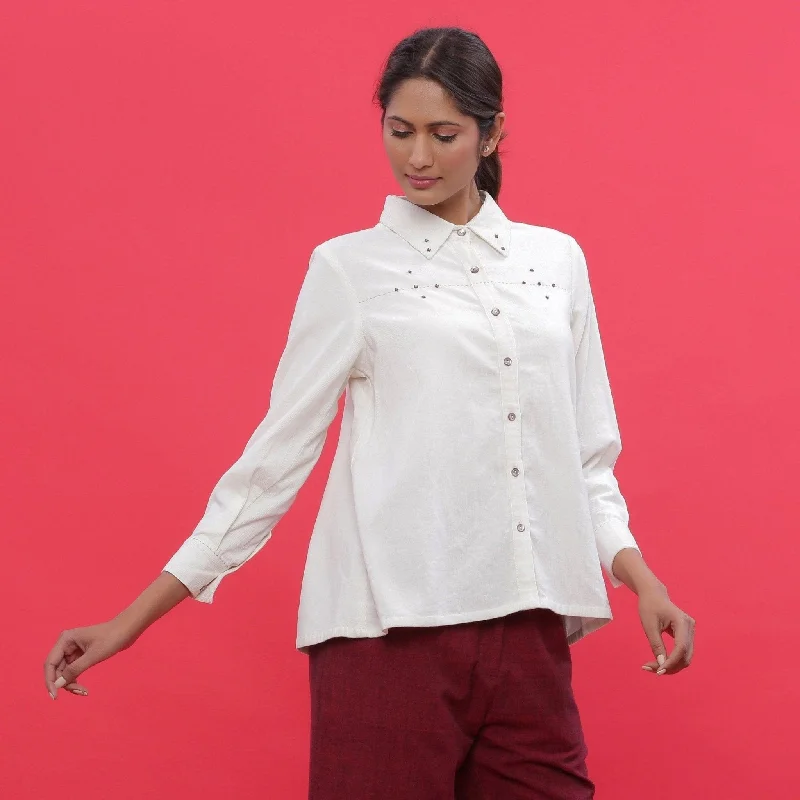 White Warm Cotton Corduroy Hand-Beaded Shirt