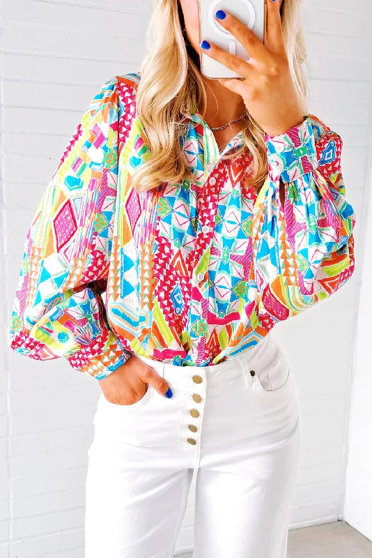 Multicolour Abstract Print Button Lantern Sleeve Shirt