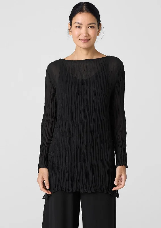 Eileen Fisher - Crinkled Sheer Silk Georgette Bateau Neck Top