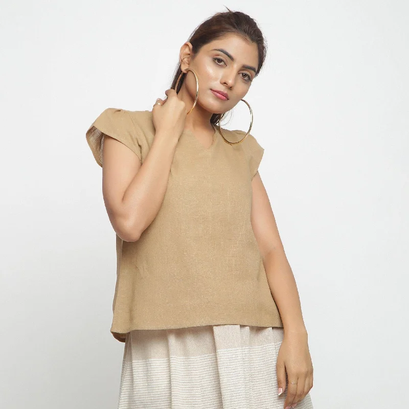 Beige Split Neck Puff Sleeves 100% Cotton Top