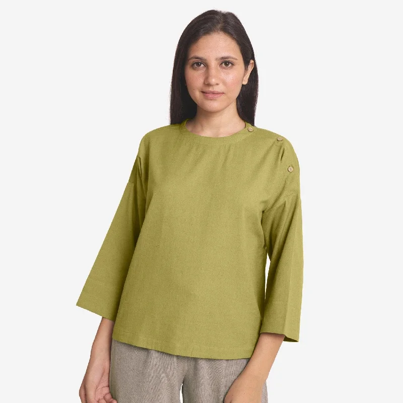 Green Cotton Flax Loose Fit A-Line Round Neck Top