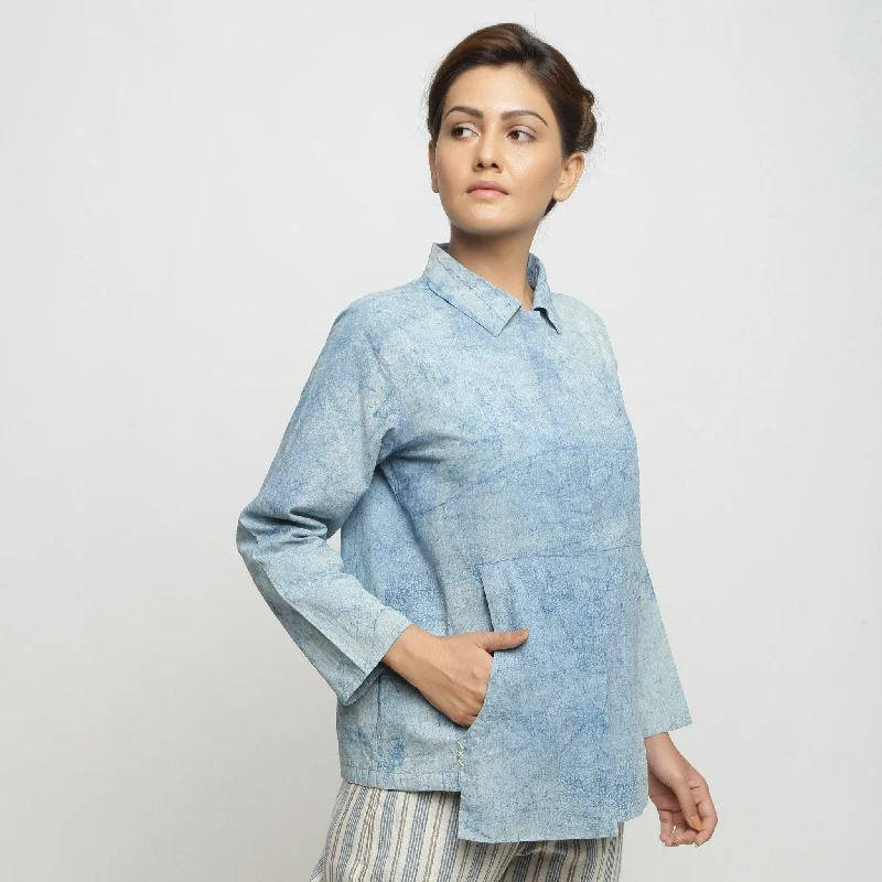 Blue Dabu Printed Natural Dyed Cotton Button-Down Top