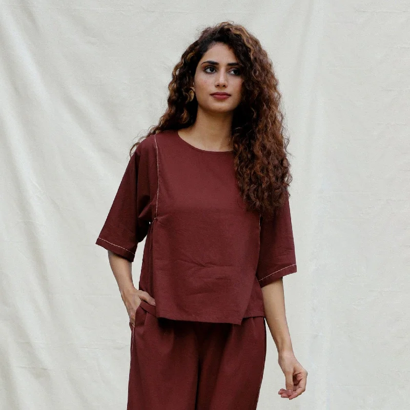 Brown 100% Cotton Drop Shoulder Sleeves Gathered Top