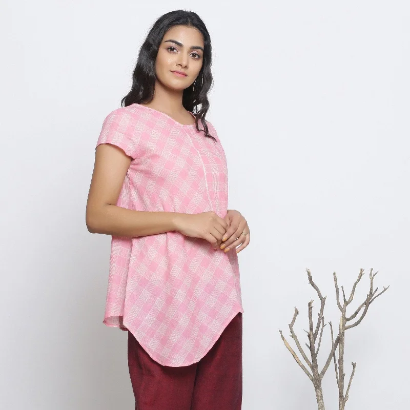 Powder Pink Checks Handspun Cotton Muslin Paneled Top