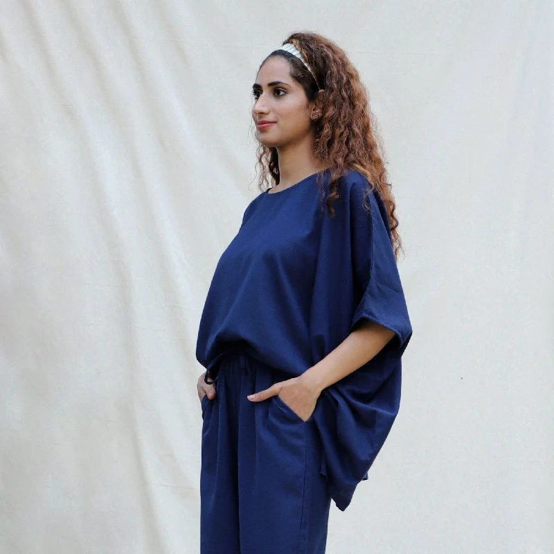 Navy Blue Cotton Flax Boat Neck Short Kaftan Top