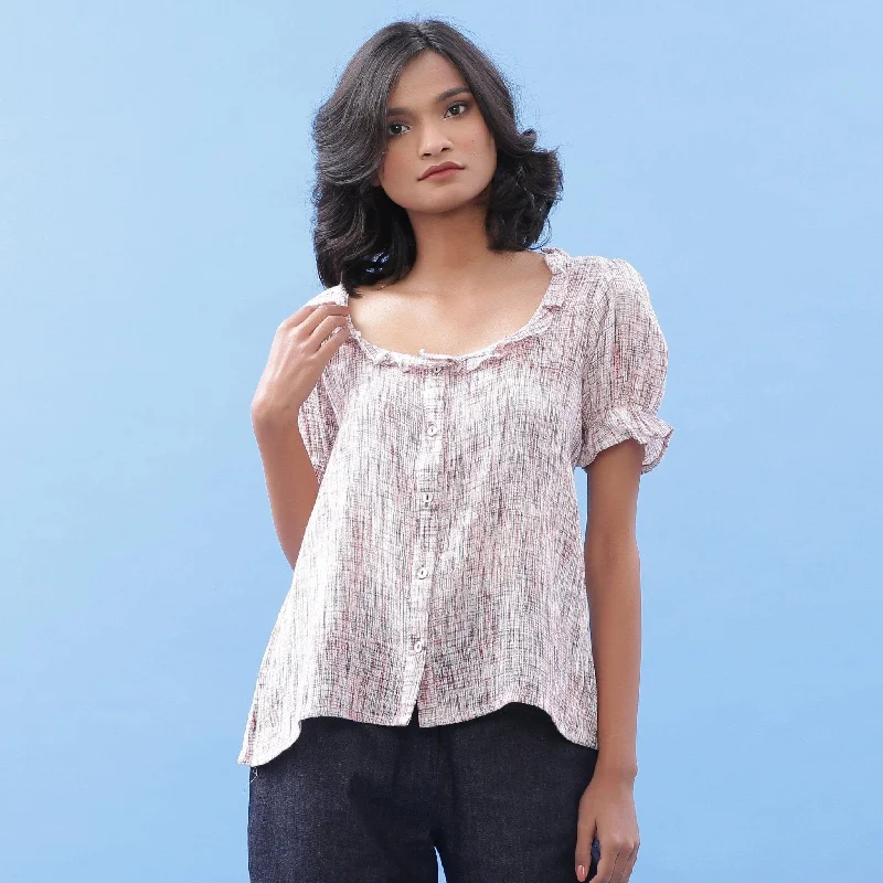 Frilled Crinkled Cotton Button-Down Blouse