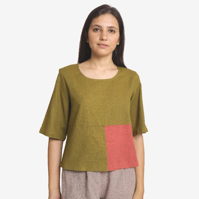 Khaki Green and Red 100% Cotton Round Neck Paneled Top