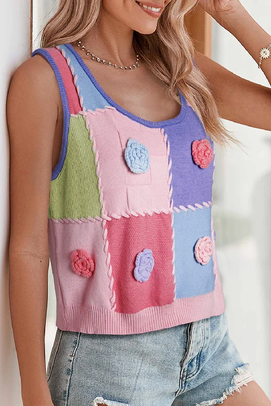 Multicolour Color Blocking Three-Dimensional Flower Knitted Vest