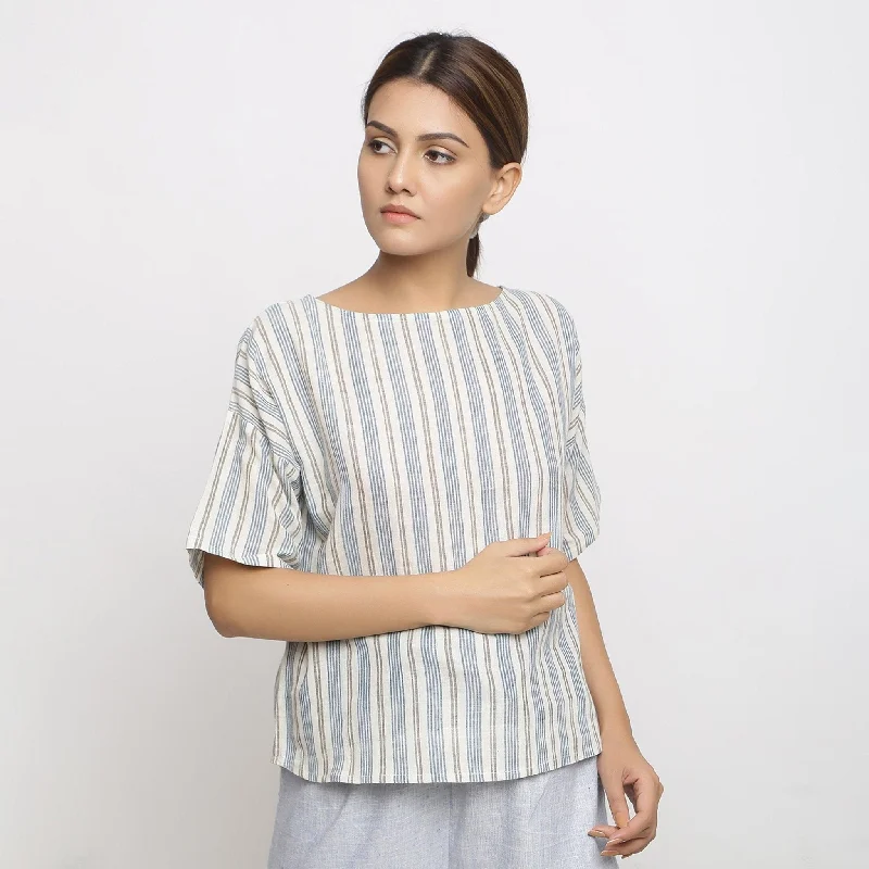 Off White and Blue Striped Handspun Cotton Boat Neck Top