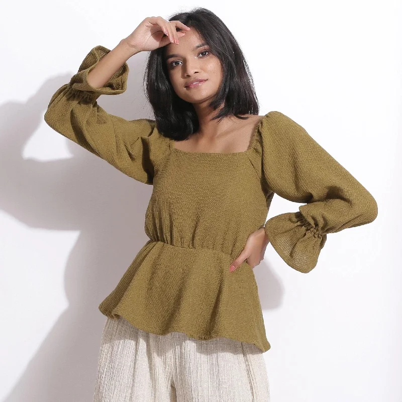 Olive Green Warm Cotton Waffle Peplum Top