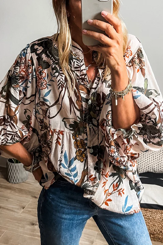 White Boho Print Lantern Sleeve V Neck Blouse