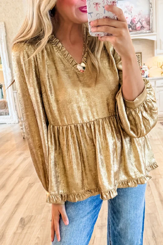 Gold Metallic Frill V Neck Puff Sleeve Babydoll Blouse