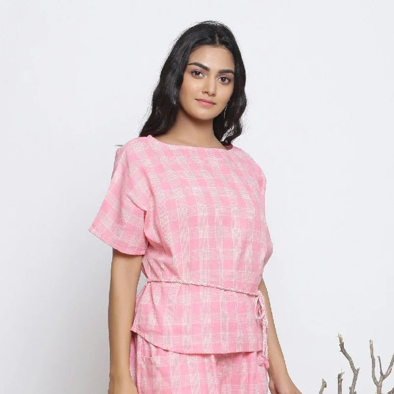 Pink Checks Handspun Cotton Muslin Loose Fit Boat Neck Top