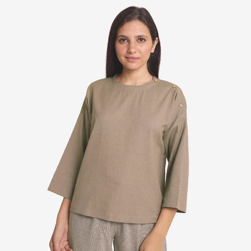 Light Brown Cotton Flax Round Neck Loose Fit A-Line Top