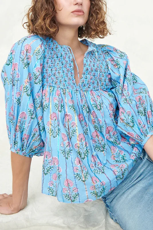 Sky Blue Floral Striped Smocked V Neck Blouse