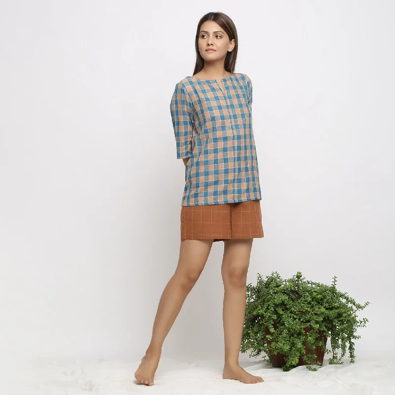 Green and Brown Checkered Cotton Split Neck Tunic Top