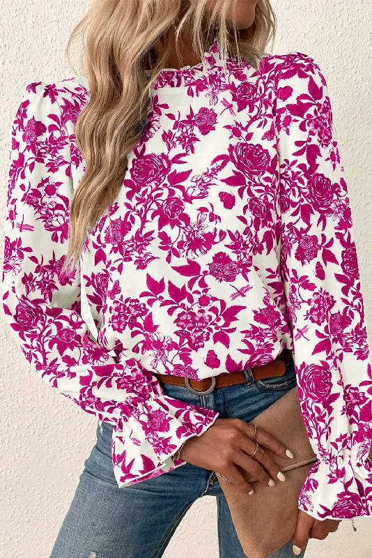 Rose Floral Print Flounce Sleeve Keyhole Back Blouse