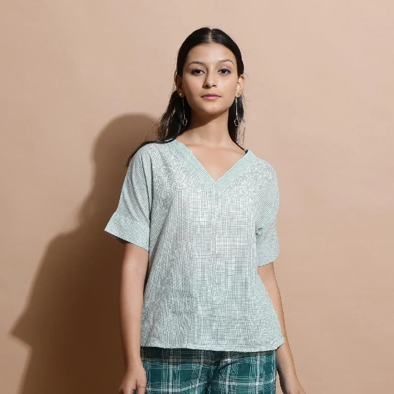 Light Green Checks Handspun Cotton Muslin V-Neck Top