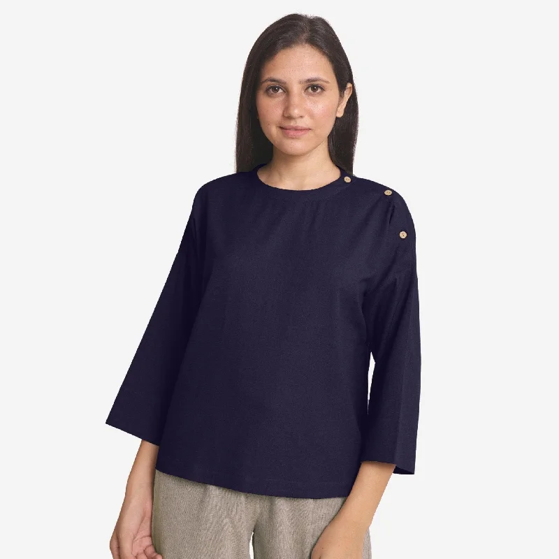 Navy Blue Cotton Flax Round Neck A-Line Top