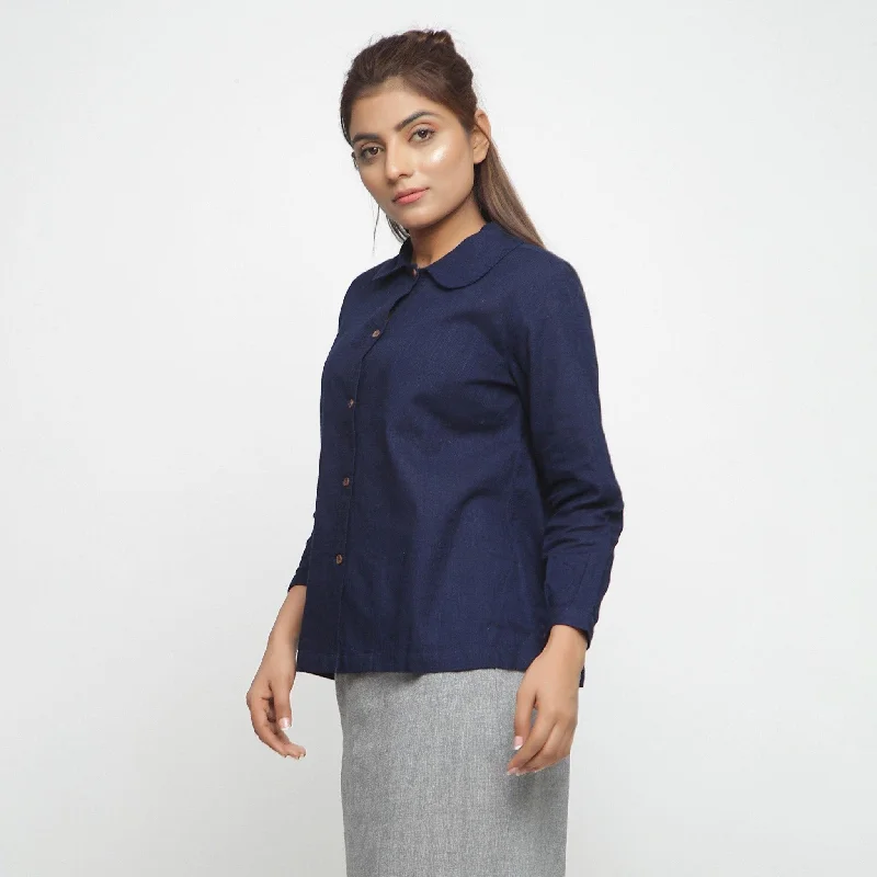 Navy Blue Cotton Flax Peter Pan Collar Shirt