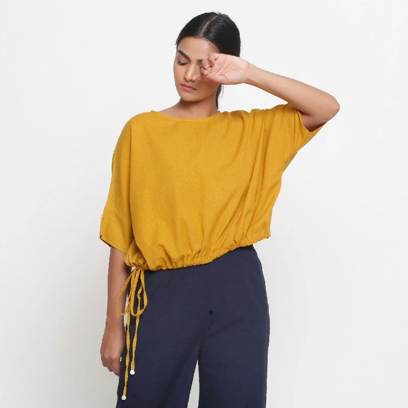 Yellow Cotton Flax Round Neck Blouson Top