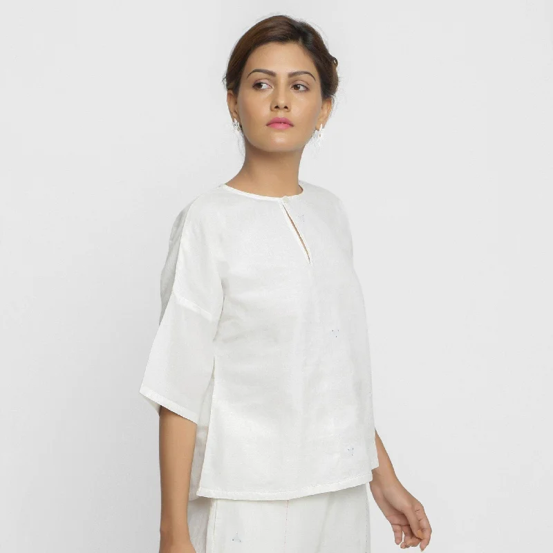 White Embroidered Organic Cotton Keyhole Neck Paneled Top