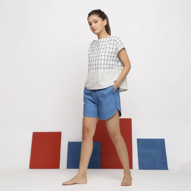 Off-White and Blue Vegetable Dyed Cotton Boat Neck Top