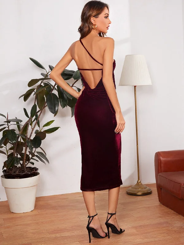 Plain Backless Sleeveless One Shoulder Pencil Natural Midi Dress