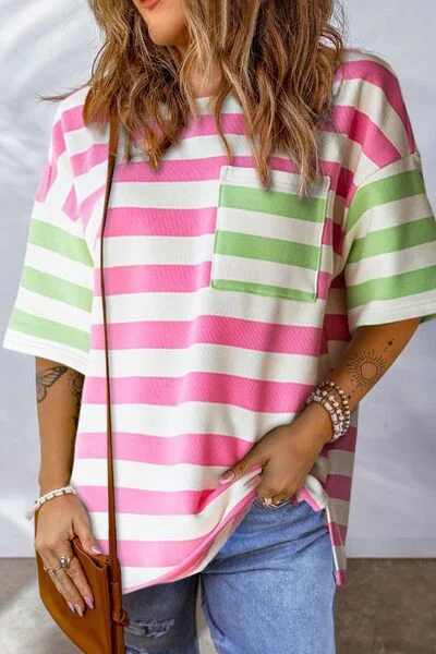 Contrast Striped Round Neck Half Sleeve T-Shirt