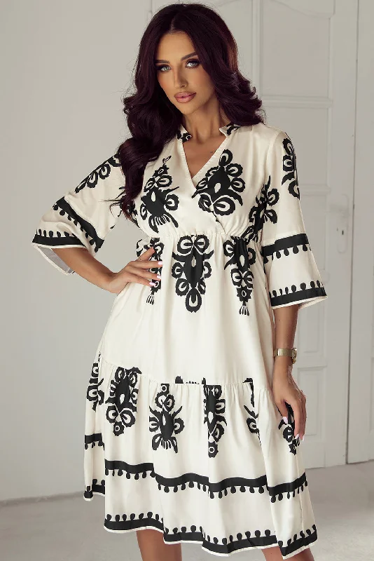 KaleaBoutique Western Geometric Print 3/4 Sleeve Loose Midi Dress