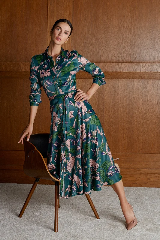 BRUNA floral printed green midi shirt dress