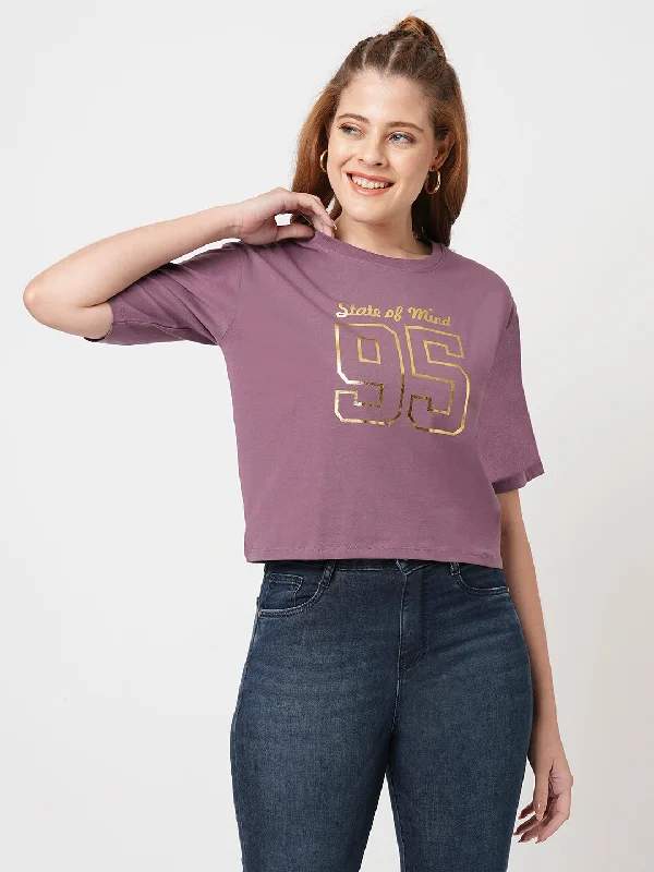 Women Slim Fit Mauve Boxy T-Shirt Chest Print