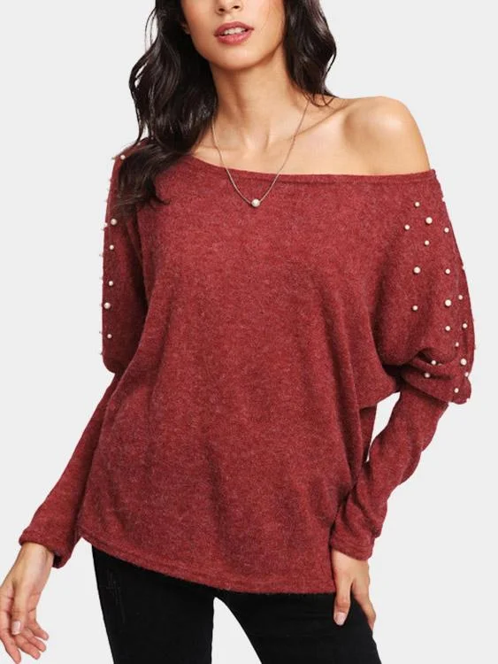 Wholesale Rust Round Neck One Shoulder Long Sleeve Handmade Beaded Top