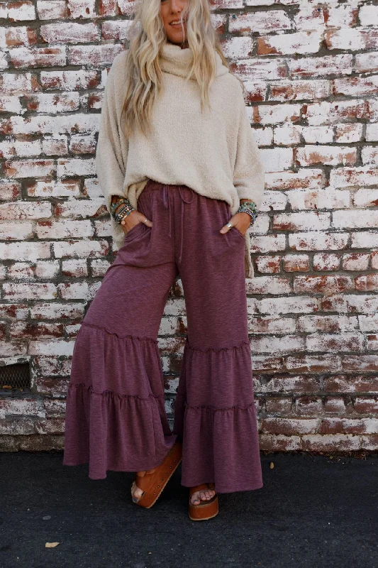 The Nest Milla Ruffled Wide Leg Pants - Burgundy