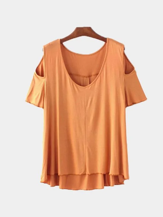 Custom V-Neck Cold Shoulder Irregular Hem Tan T-Shirts