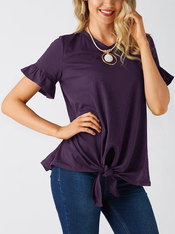 Custom Crew Neck Plain Lace-Up Cut Out Short Sleeve Flounced Hem Purple T-Shirts