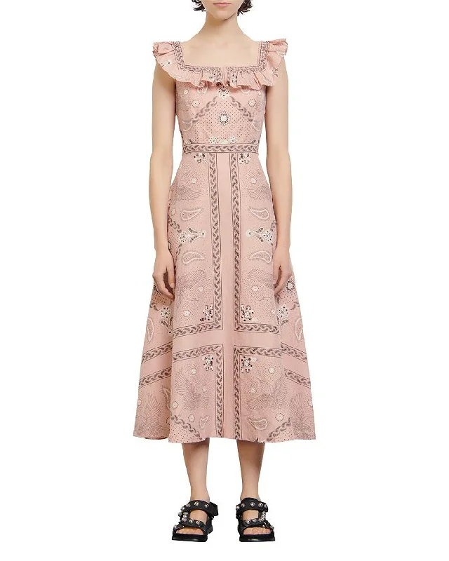 Sandro Gale Ruffle-trimmed Printed Linen And Cotton-blend Midi Dress In Pink