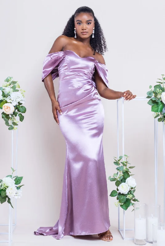 Goddiva Satin Off Shoulder Bardot Maxi Dress