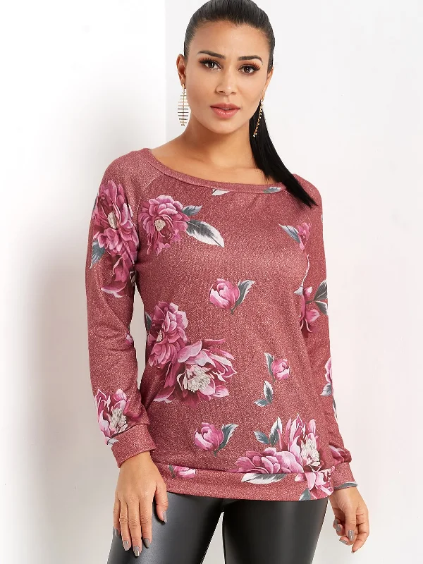 OEM ODM Round Neck Floral Print Long Sleeve Red T-Shirts