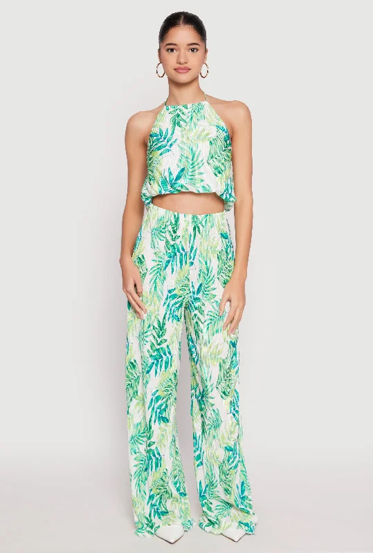 Almost Famous Plisse Tropical Print Palazzo Pants