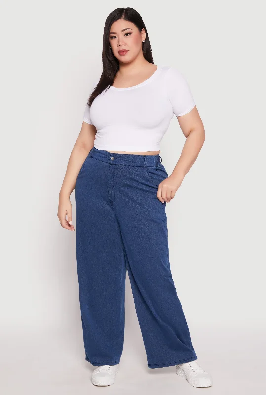 Plus Size Denim Knit Wide Leg Dress Pants