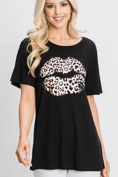 Heimish Full Size Leopard Lip Round Neck Short Sleeve T-Shirt Plus Size