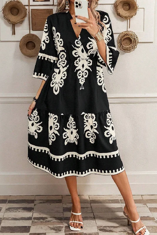 KaleaBoutique Western Geometric Print 3/4 Sleeve Loose Midi Dress