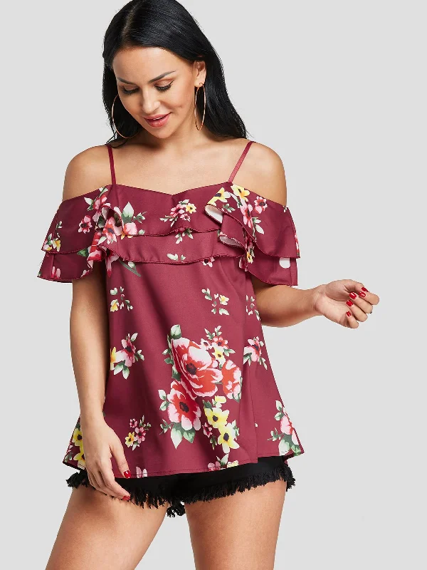 Custom Cold Shoulder Floral Print Tiered Short Sleeve T-Shirts