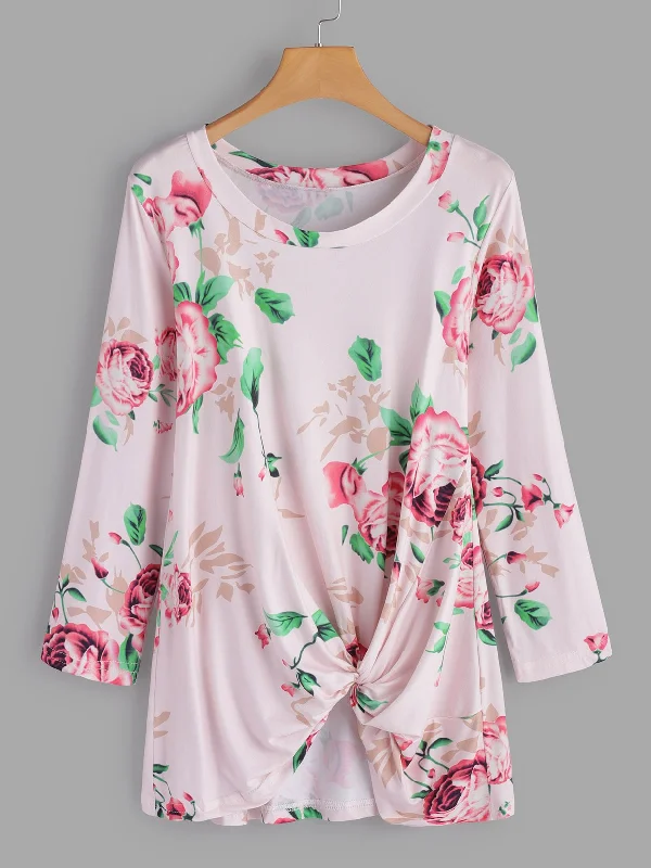 Custom Round Neck Floral Print Crossed Front Long Sleeve Irregular Hem T-Shirts