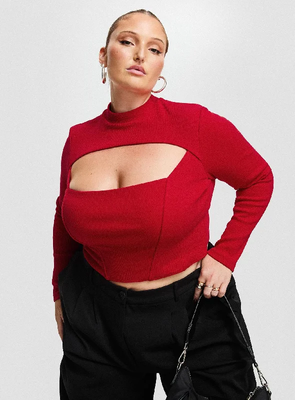 Cathey Long Sleeve Corset Top Red Curve