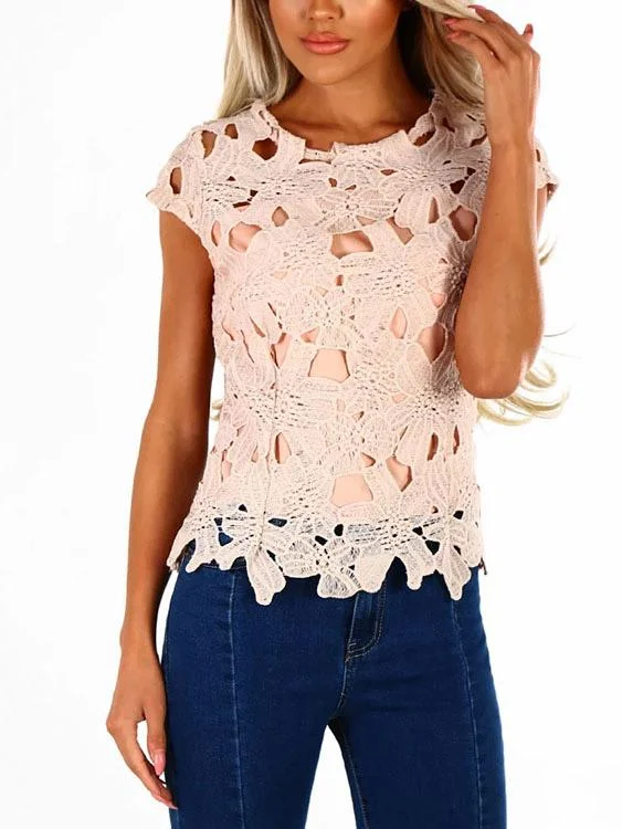 Custom Round Neck Crochet Lace Embellished Short Sleeve Top