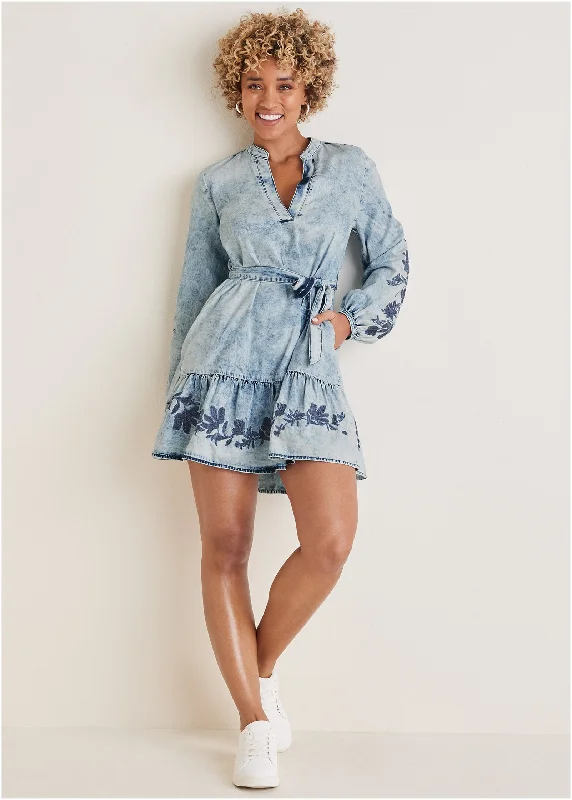 Embroidered Denim Dress - Acid Wash